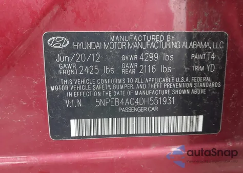 2013 Hyundai Sonata Gls z USA, uszkodzony, nr VIN 5NPEB4AC4DH551931